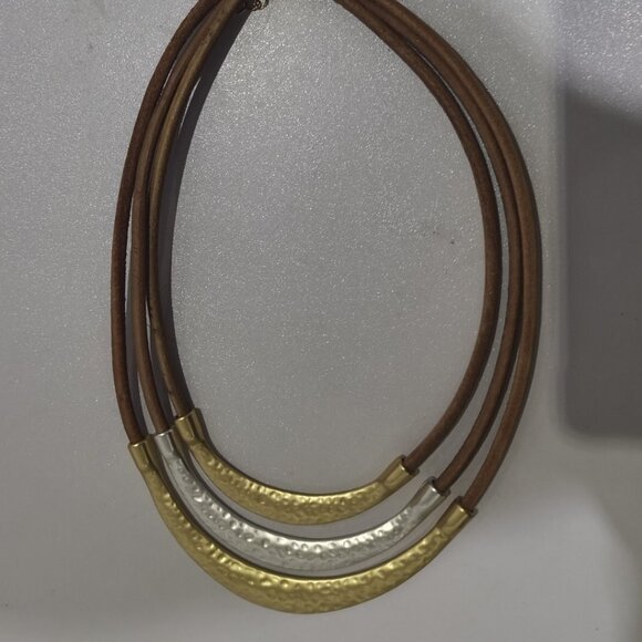 Tri-Tone Gold, Silver & Grey Arc Necklace - Black Leatherette Cord! - Picture 3 of 3